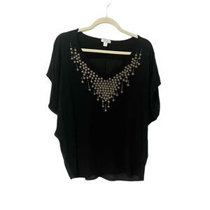Cache Black Gold Embellished V- neck Dolman Sleeve Shirt Size M